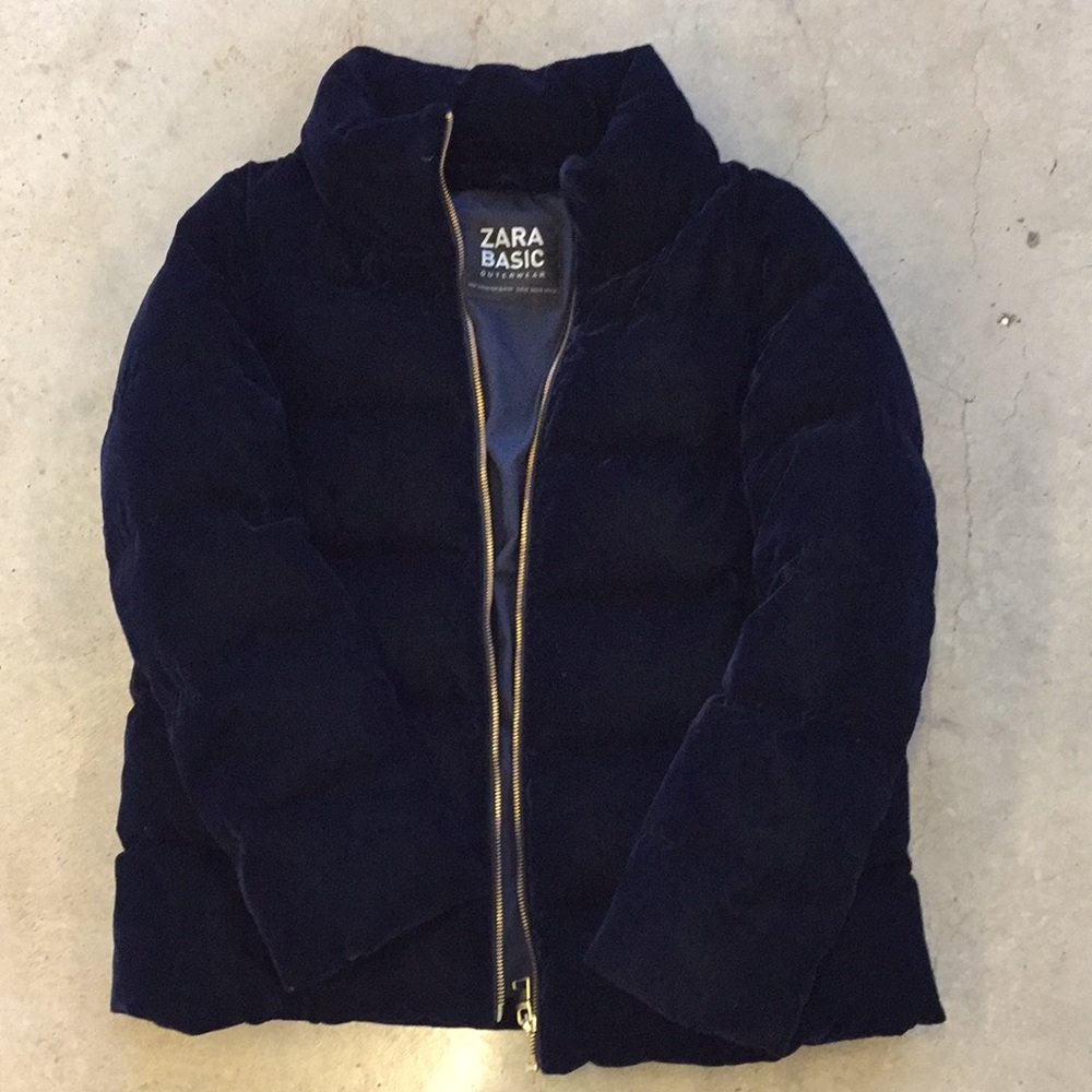 Zara blue velvet down puffer jacket / Size XS